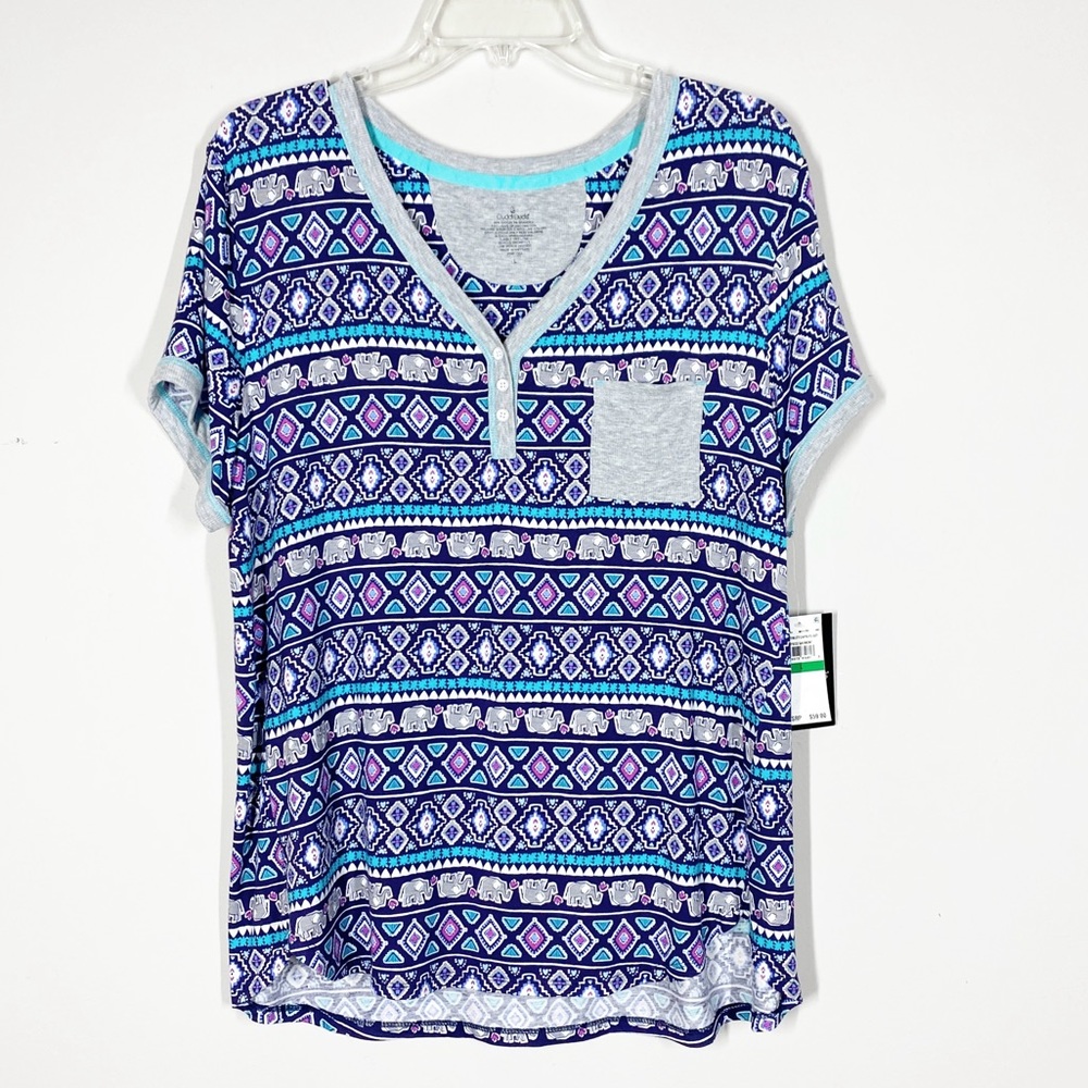 Cuddl Duds Knit Henley Short Sleeve Top - Navy Blue Print - Elephants - … - Picture 1 of 5